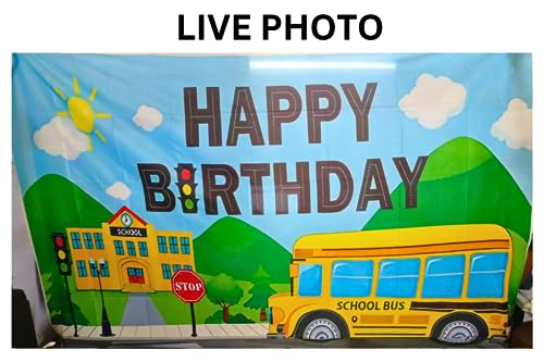 Image of 1 pc Wheels Bus Theme Backdrop Cloth (6.5ft X 5ft) School Bus Theme Birthday Decoration Items Wheel On the Bus Background Curtain (Pack of 1, Multicolor)