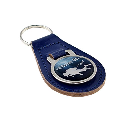 Dark Blue Bonded Leather & Metal I'd Rather Be Scuba Diving Keyring Diver