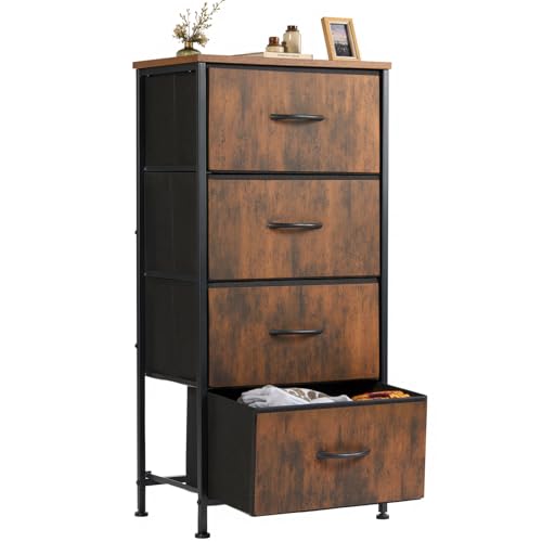 Sweetcrispy 4 Drawer Dresser, Fabric Storage Tower Organizer with Sturdy Steel Frame and Wood Top, Easy Pull Handles, for Bedroom, Closet, Entryway, Hallway, Brown