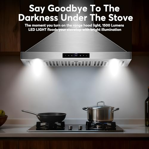 Image of 36 Inch Wall Mount Range Hood 1200 CFM, 4 Speed Remote Control Kitchen Wall Mount Range Hood with Motion Sensor & Adjustable LED Lighting Ducted /Ductless Convertible Pro Series