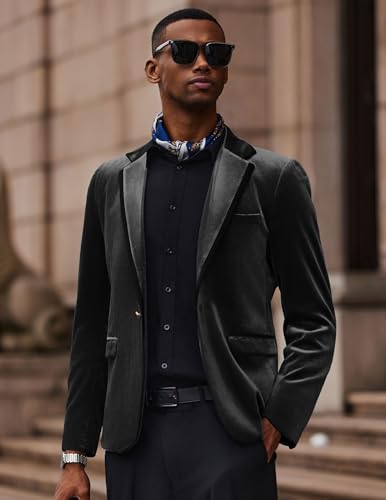 Image of COOFANDY Men's Velvet Blazer One Button Tuxedo Jacket Wedding Blazer Jacket | Slim Fit,One Button Tuxedo,Satin Trim,Notched Lapel,Vintage Metallic Buttons,Retro Style,Dinner,Wedding,Prom,Party,Christmas
