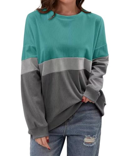 KISSMODA Womens Casual Long Sleeve Sweatshirts Color Block/Solid Tops Corduroy Crewneck Tunic Pullover with Pockets