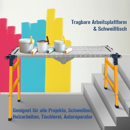 MOPEI 2 in 1 Multifunktions Arbeitsplattform Alugerüst Mobiler Schweißtisch | 36 x 140cm Verzinkte Tischplatte | 500 kg Belastbarkeit | 70-110cm Höhenverstellbar