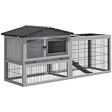 PawHut Conejera de Exterior Hecha de Madera Jaula para Conejos con Múltiples Entradas Bandeja Extraíble y Lavable Gran Espacio Interior Color Gris Techo Verde 150x52.5x68cm