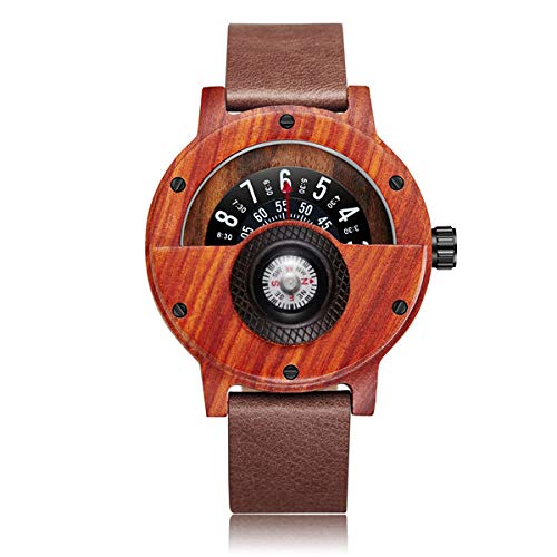 Kreative Holzuhr für Männer Einzigartiger Kompass-Plattenspieler mit halbem Zifferblatt Herrenuhr Leder Naturholz Armbanduhr Luxusuhr,