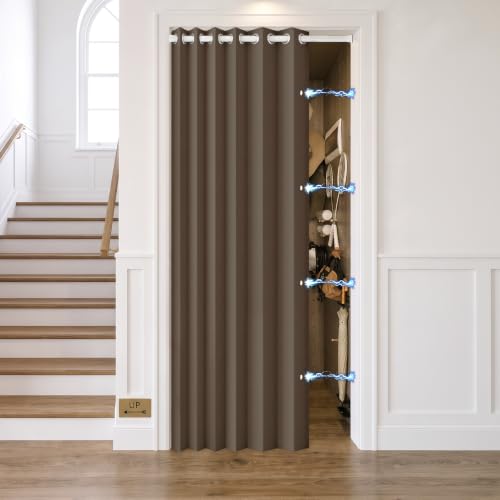 HMYI 100% Blackout Door Curtain for Doorway - Magnetic Accordion Style Closet Curtain for Open Closet Single Panel 80 Inch Length, 1 Panel, W45 x L80, Brown