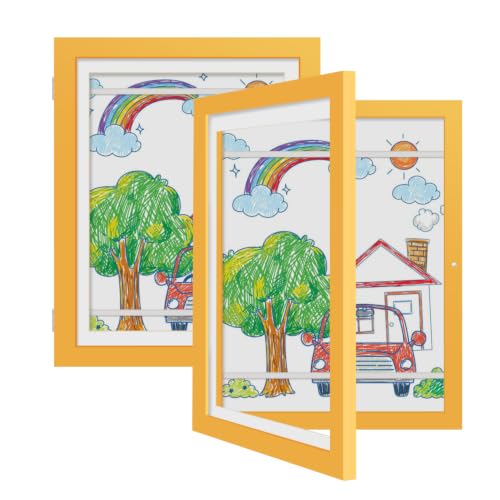Kids Art Frames 9x12 Set of 2 - Front Opening Childrens Picture Frame Changeable, Wood Artwork Display Storage for Wall Mount, Magnetic Door Holds 50 Art Pieces for Drawings, 3D Picture, Crafts, Portfolio, Yellow