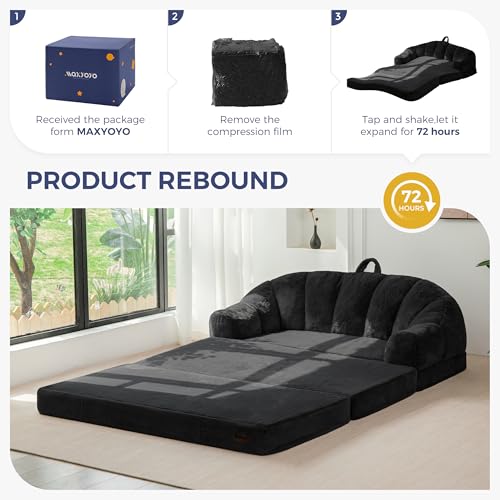 Image of MAXYOYO Folding Sofa Bed, 2 in 1 Convertible Sofa to Lounger Comfy Loveseat Bean Bag Chair for Adults, Floor Couch with Handle, Faux Fur Couch Bed for Living Room Bedroom, Black, Loveseat