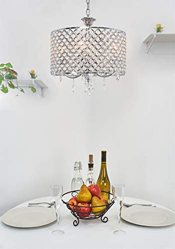 Kira Home Briolette 16" 4-Light Modern Chic Crystal Chandelier + Round Beaded Drum Shade, Adjustable Height, Chrome Finish