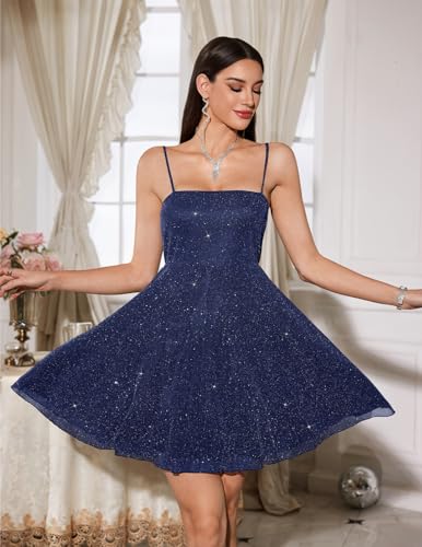 DRESSTELLS Glitter Homecoming Dress, Saprkly Backless Bow Tie Spaghetti Strap Cocktail Party Aline Dresses2
