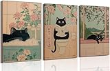 ZWTJPLN Japanese Ukiyo-e Style Black Cat Bathroom Canvas Wall Art Set (8x11/12x16Inches) - 3-Piece Funny Cat Decor for Restroom, Toilet & Home