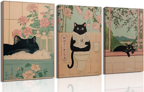 ZWTJPLN Japanese Ukiyo-e Style Black Cat Bathroom Canvas Wall Art Set (8x11/12x16Inches) - 3-Piece Funny Cat Decor for Restroom, Toilet & Home