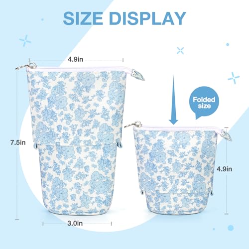 Image of Cute Standing Pencil Case Pen Holder for Kids, Pop Up Stand UP Bubble Tea Pen Organizer Kawaii Stationary for Christmas Holiday New Year Office (Blue flowers)