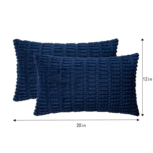 Image of Aegero Pack of 2 Corduroy Decorative Throw Pillow Covers 12x20 Inch, Blue | Fall Soft Striped Pillow Covers Modern Farmhouse Home Decor Christmas Throw Pillow Covers for Sofa Living Room Couch Bed