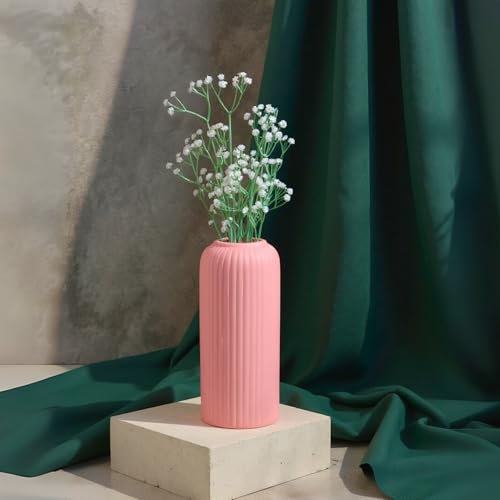 Image of KREATIVE ART'S Modern Ribbed Design Ceramic Flower Vase for Living Room, Flower Pots for Artificial Flower, Home Decoration Item, Home Decor, Vases for Living Room (Pink, Large)