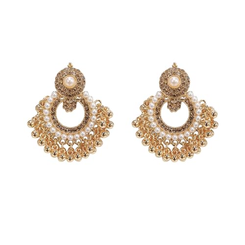 Vintage Round CZ Pearl Beaded Tassel Statement Dangle Drop Earrings for Women Gold Plated Boho Crstyal Beaded Chandelier Dangling Stud Indian Jhumka Festival Jewelry for Her