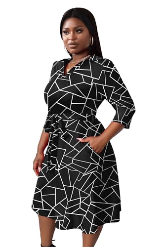 Image of FANDEE Plus Size Midi Dress for Women - Printing Summer Dresses for Wedding Guest Cocktail Party 3 /4 Sleeve V Neck(L-5XL)