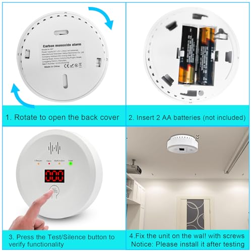 Image of Carbon Monoxide Detector, Replaceable Battery-Operated Carbon Monoxide Alarm Detectors with Digital Display & LED Lights. CO Alarm Applicable to Home, Warehouse