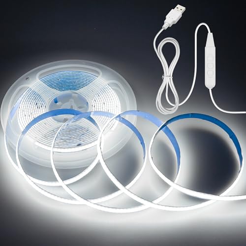 Aclorol USB 5M 5V COB LED Strip Light High Density 320LEDs/M Cold White 6000K CRI85+ Dimmable LED Rope light 8mm Width Tape Light with Self-adhesive for TV Backlight Cabinet Wardrobe Home DIY Lighting