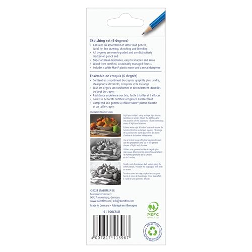 Image of STAEDTLER Mars Lumograph Graphite Artist Sketching Set, 6 Pencils (6B, 4B, 2B, B, HB, 2H), Mini Mars Plastic Eraser, Metal Sharpener