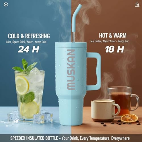 Image of Speedex 1200 ml Customized Name Insulated Stainless Steel Tumbler with Handle, Straw & Cleaning Brush, Personalized Sipper Bottle, Double Wall Leakproof Travel Mug Gift (Sky Blue, 1.2 l)