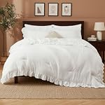 White Ruffled Queen Size Comforter Set, 3PCS Soft Washed Microfiber Lightweight & Fluffy All-Season Bedding Comforter with Vintage French Country Style, White, 90x90 in
