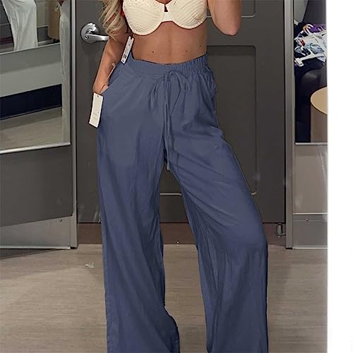 Image of Duyang Womens Cotton Linen Palazzo Pants Drawstring Elastic Waist Casual Wide Leg Trousers with Pockets