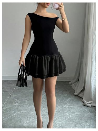 Image of Verdusa Women's Color Block Ruffle Off Shoulder Dress Drop Waist Layered Mesh Mini Dress