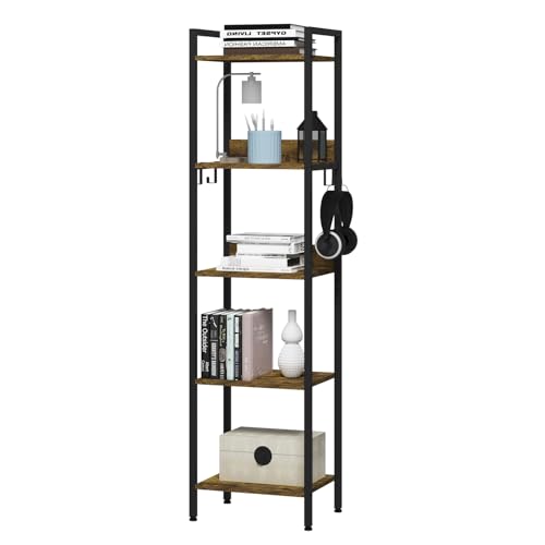 WOLTU Escalera Estantería Negra de Estilo Industrial, Estantería Almacenaje de Madera y Metal con 4 Ganchos Extraíbles, Librería de 5 Niveles para Salón, 40x30x152,5cm RGB932hov