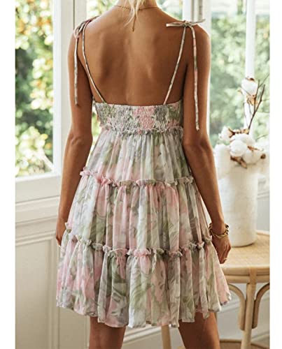Image of Mansy Womens 2026 Summer Floral Mini Dress Boho Flowy Skater Dresses Short Sleeveless Ruffle Spaghetti Strap Dress