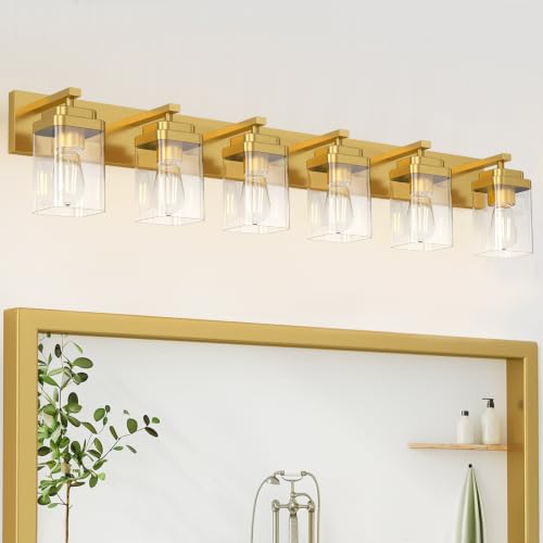 Image of Brushed Gold Bathroom Light Fixtures, 6 Lights Bathroom Lighting Fixtures Over Mirror, Square Design & Rectangle Large Backplate, Modern Vanity Lighting Fixtures, for Living Room /Bedroom