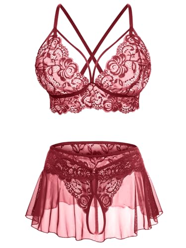 Image of CRIPOM Sexy Lingerie for Women Naughty 3 Piece Lace Bralette, Mini Skirt with G-String Crotchless Lingerie Outfits