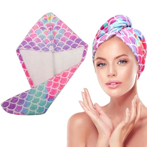 INGJIA Haarturban Baumwolle 100%, Rosa Meerjungfrau Schuppen, mit 1 Knopf, Turban, Haar-Handtuch Knopf schnelltrocknend