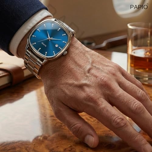 Image of PAPIO Analog Quartz Watch with Date Display | Silver Stainless Steel Strap | Square Dial Formal & Casual Wrist Watch for Men