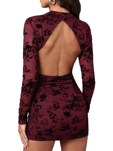 Image of Women's Out Back Mock Neck Floral Mesh Long Sleeve Bodycon Mini Club Dress