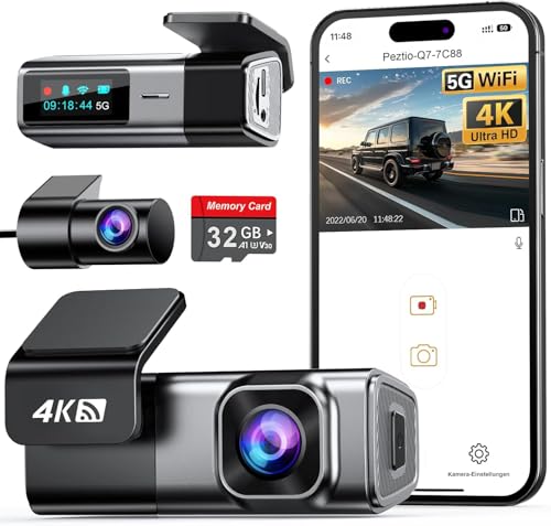 Dashcam Auto Vorne Hinten 4K+1080P, Navycrest 5GHz WiFi Dash Cam mit 32GB SD Karte, Dual Auto Kamera mit Super Nachtsicht, WDR, G-Sensor, 24/7 Parküberwachung, Loop-Aufnahme, APP Steuerung, Max 256G