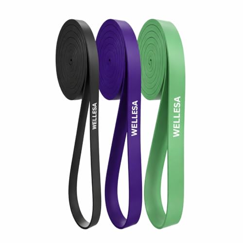 Image of Wellesa Resistance Bands, Pull Up Assist Exercise Band, Perfect for Mobility, Body Stretching, Home Workout, Fitness Training Loop Bands for Men & Women (Black, Purple and Green (Pack of 3))