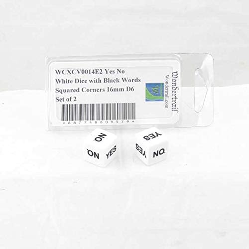 Yes No White Dice with Black Words Squared Corners 16mm (5/8 inch) D6 Set of 2 Wondertrail