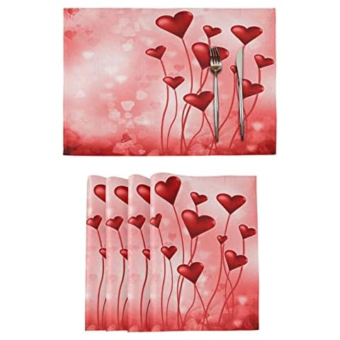 Valentine's Day Balloon Red Placemats Set of 6 Pink Love Heart Balloons Table Mats 12x18 Inches Double -sided Print Placemat for Wedding Mother's Day Decor Kitchen Dining Table Washable Cover