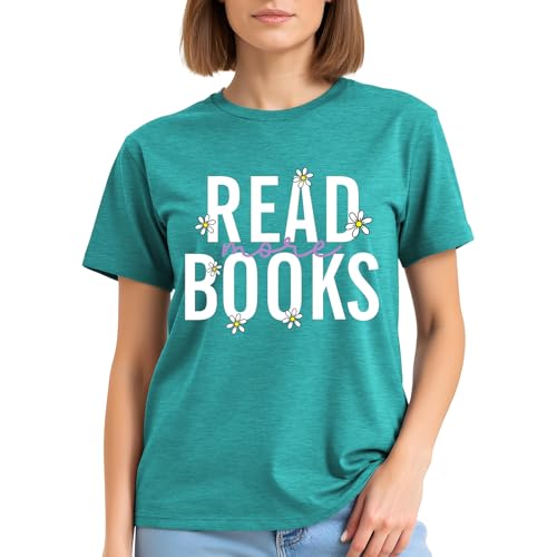 Image of Reading Teacher Shirt Women-Cute Read More Books Short Sleeve Library Book Lovers Daisy Tee Tops