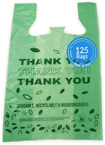 Reli. Biodegradable Thank You Bags | 125 Count - Made in USA | Biodegradable Shopping Bags, Grocery Bags/Restaurant | Oxobiodegradable Plastic Bags | 11.5" x 6.5" x 22" | Green T-Shirt Bags