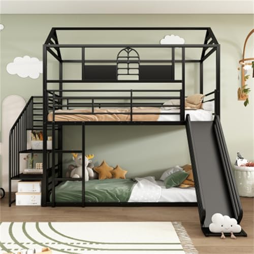 Litera de 90x200 cm Cuna con Techo y Ventana Cama de casa Cama Alta con corredera y Escalera Lateral Cama Familiar con protección contra caídas Cama con Estructura de Hierro Cama de Suelo Negro