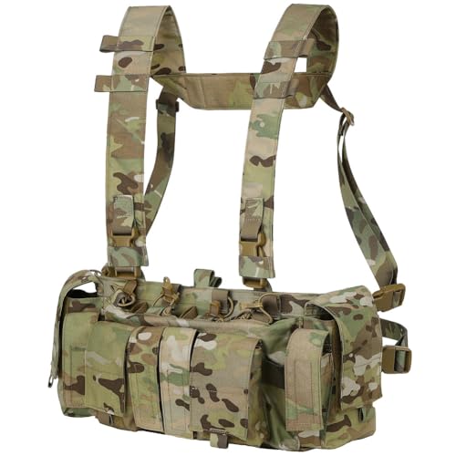 KRYDEX Tatcial Chest Rig with 5.56 Mag Pouch &Pistol Magazine Pouch GP Pouch and Radio Pouches &H Harness (Camo)