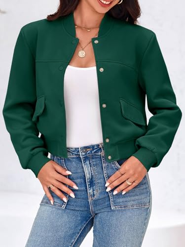Image of Tankaneo Womens Cropped Bomber Jackets Casual Button Down Long Sleeve Stand Collar Varsity Shacket Coats