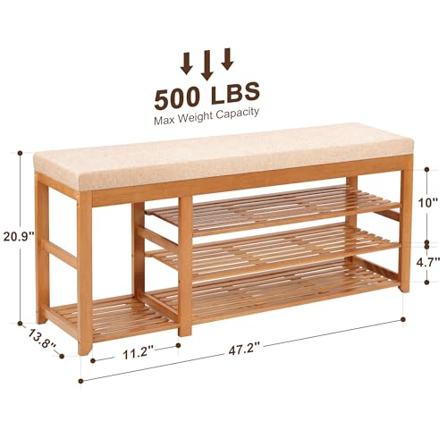 PETKABOO 47.2 in Shoe Rack Bench with Cushion, 3 Tier Bamboo Entryway Bench with Storage for Entryway, Hallway, Bedroom, Living Room - image 4