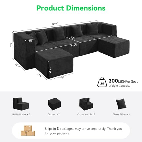 Image of MONVANE 130'' Oversized Boneless Sectional Couches for Living Room, 6-Seat U Shaped Cloud Couch, Modular Sofa with Ottoman & 6 Throw Pillows, Comfy Chenille, No Assembly Required, Black