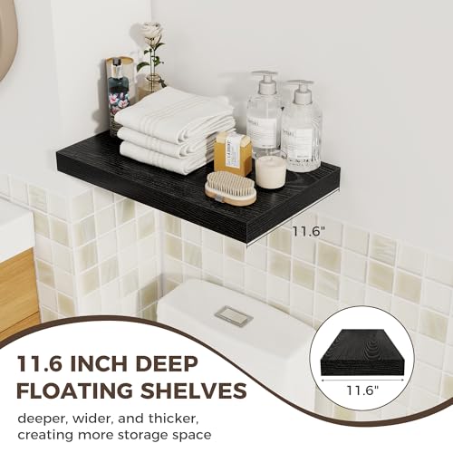 Image of Fun Memories 12 Inch Deep Floating Shelves for Wall, 20 Inch Long Wall Mounted Storage Shelf with Invisible Brackets, 2 Pack Hanging Wood Shelf for Farmhouse, Bedroom, Kitchen, Living Room, Black