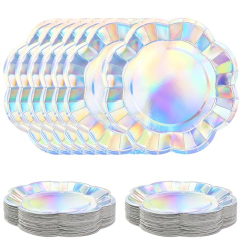 SietDESEO 50 PCS Iridescent Paper Plates 7 Inch Scalloped Dessert Plates Iridescent Disposable Plate for Party Dinner Wedding Baby Shower Birthday Cake Plate