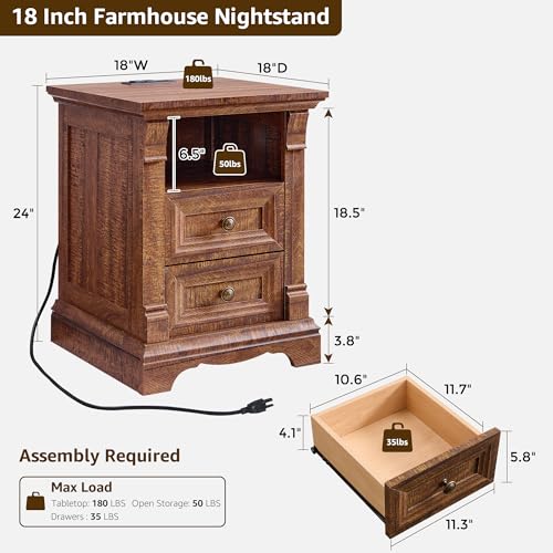 Image of Nightstand Set of 2, 18 inchWooden End Table with Charging Station Roman Column