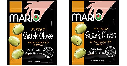 Mario Camacho Foods Pitted Snack Olives, Seasoned Green Garlic Olives, 1.05 Ounce, Pack of 12(pack-two)